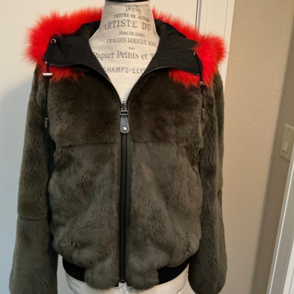 Yves Salomon Rex Rabbit Army Nylon Reversible Bomber Jacket Sz 36